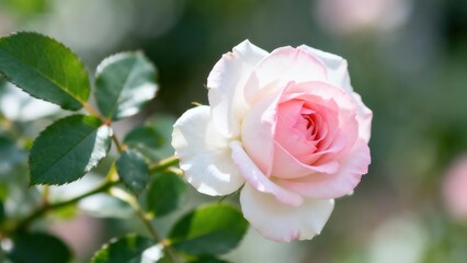 A delicate, light pink and white rose blooms beautifully in a garden setting, showcasing soft colors and a natural background.