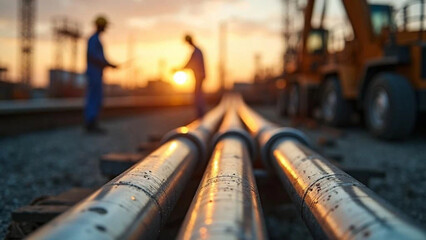 Silver pipes on construction site. 