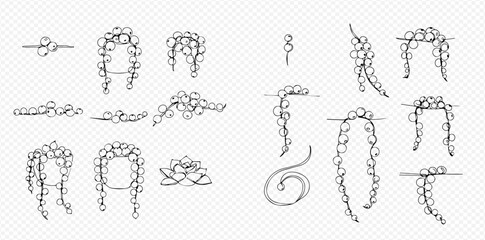 Collection of String of Pearls plant illustrations in different arrangements and shapes, including hanging, corner, and single strand designs.