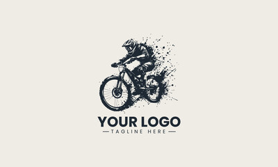 Fototapeta premium Dynamic mountain biker riding swiftly with an energetic splatter effect in a monochromatic vector illustration
