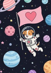 A dog astronaut floats in space, carrying a flag with a heart, amidst colorful planets and stars.