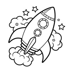 A cartoon rocket ship blasting off with smoke and stars in space.