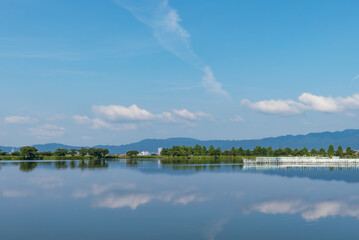 夏の朝　小さな湖が青空を美しく反射して　滋賀県草津市平湖の風景