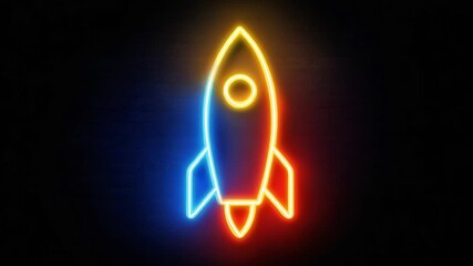 Startup neon icon with a rocket shape glowing on a black wall background, representing concepts like business launch, success, speed, innovation, and modern technology in a futuristic loop - Powered by Adobe