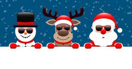 Schneemann Rentier Und Weihnachtsmann Sonnenbrille Halten Banner Schnee Dunkelblau
