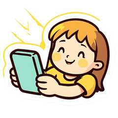 A cute cartoon girl laying down and happily using her mobile phone.