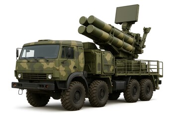 Camouflaged Military Truck with Air Defense Missile System on White Background