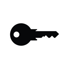Simple black silhouette of a traditional house key on a white background
