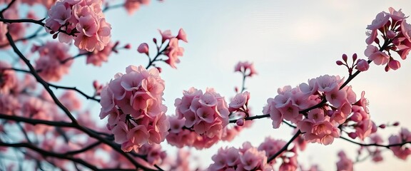 Full bloom cherry blossoms, delicate pink petals against a soft blue twilight sky, traditional Japanese style,  backdrop,  vibrant