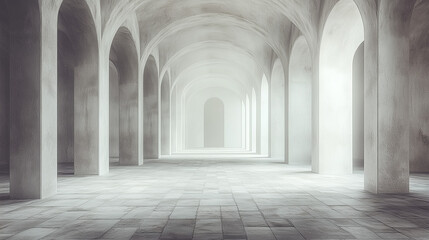 A timeless, empty hall features a long row of repeating, textured stone arches bathed in soft, bright, natural light.