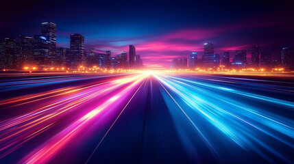 Vibrant neon light trails streak through a modern city at night, showcasing urban movement and abstract speed.