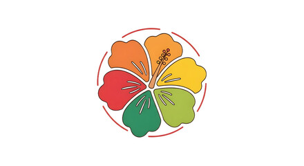 Vibrant flat design hibiscus flower vector badge or emblem, showcasing a colorful tropical style, perfect for diverse branding, logo design, or decorative element projects