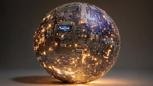 Futuristic sphere made of complex integrated circuits and glowing microchips slowly rotating, representing concepts like artificial intelligence, global network, and advanced technology