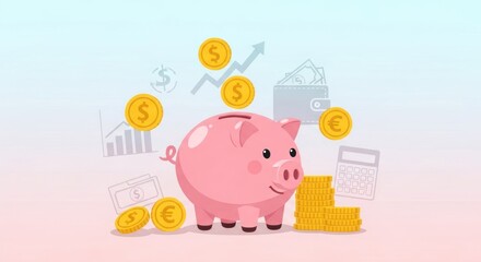 Cute piggy bank with dollar and euro coins around, illustration for savings and finance