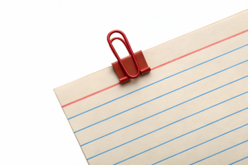 Red binder clip holding lined paper isolated on white background