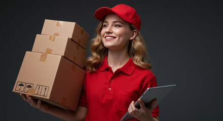 Friendly delivery woman holding boxes and tablet, ready for swift shipping services, showcasing efficient logistics and customer satisfaction