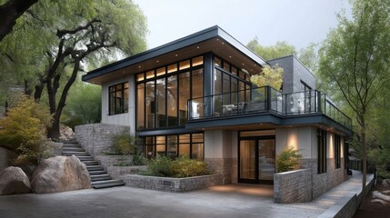 Modern two-story house with clean lines, large glass windows, stone walls,