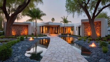 Fototapeta premium Elegant modern residential house at dusk with clean lines, large glass windows, reflective pool, stone pathway,