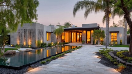 Luxurious modern residence bathed in golden sunset glow, sleek architecture, expansive windows, manicured landscaping,