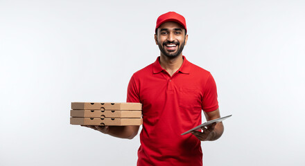 Friendly pizza delivery man in red uniform ready to serve, holding three pizza boxes and a tablet, offering fast food service with a smile