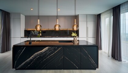 modern minimalist kitchen island with black marble countertop illuminated by soft lighting featuring elegant decor