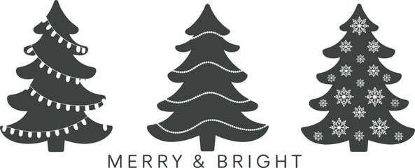 Christmas tree silhouette set, festive decoration design, black and white vector, snowflake ornaments, minimalist holiday style, seasonal icon pack