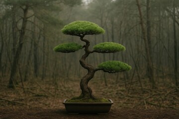 Hyperrealistic Bonsai in Close-Up with Pristine Branches Against Neglected Forest Background for Luxury Banner