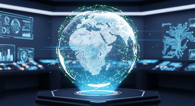 Holographic projection of a digital globe displayed on a dark futuristic console.