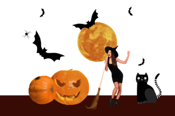 Composite photo collage of happy witch girl sing broom mic imitation halloween décor pumpkin jack bat kitten isolated on painted background