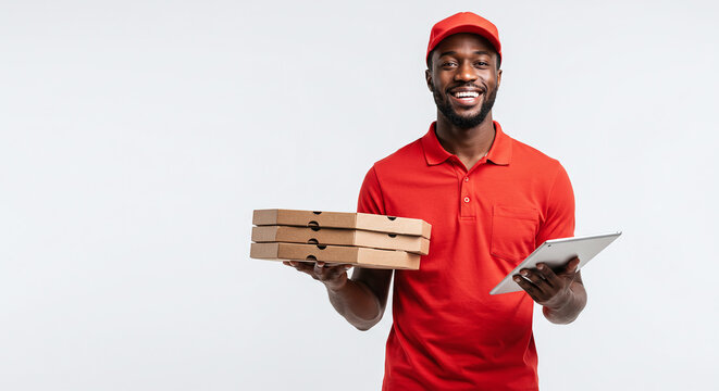 Happy pizza delivery man holding boxes and tablet, ready to deliver fresh food with a smile, perfect for food service and online ordering campaigns