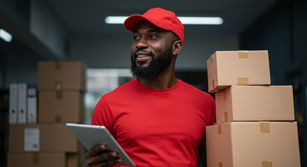 Reliable delivery man with tablet and boxes ready for fast shipping, smiling and looking into the future, modern delivery service for your business