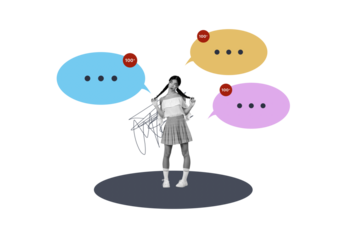 Composite photo collage of happy pretty girl text box notification popular social media correspondence isolated on painted background