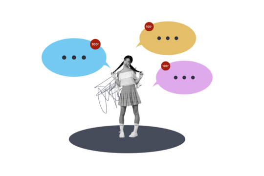 Composite photo collage of happy pretty girl text box notification popular social media correspondence isolated on painted background