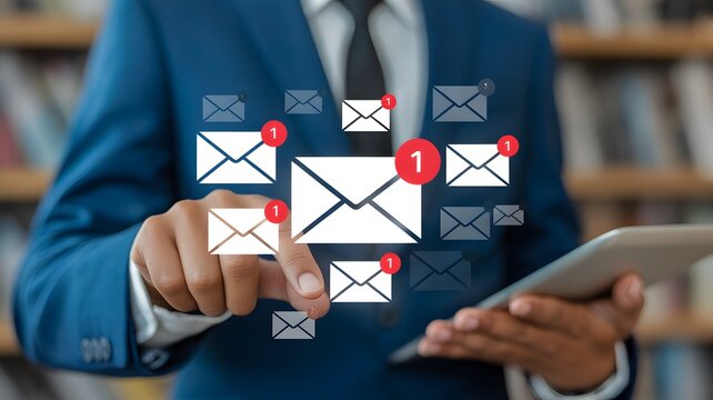 Business email communication in the digital age new messages and alerts. Inbox with email Marketing Strategy and Notifications. internet technology. businessman using smartphone with email.