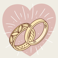 Two wedding rings with heart background, hand drawn style illustration