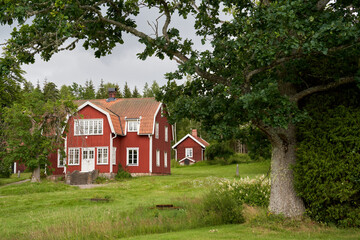  Scenic Traditional Red Wooden House by an Old Oak Tree Alongside the Dalsland Canal, Sweden