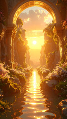 Enchanting Sunset Valley: Tranquil River Reflects Vibrant Sky, Flanked by Towering Rock Formations and Ethereal Glow
