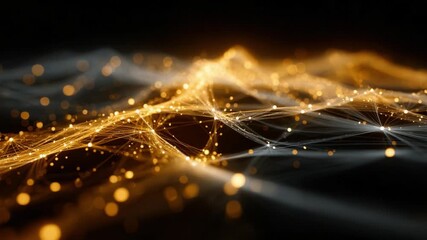 Waving golden plexus structure with glowing nodes and lines flowing on a dark background. Abstract digital landscape representing data stream, technology, and futuristic network connections - Powered by Adobe
