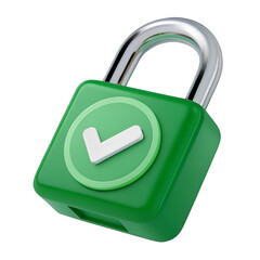3D Green Lock Icon with White Check Mark Isolated on Transparent Background