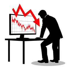 Businessman Analyzing Financial Loss: Silhouette of a Man Contemplating a Declining Stock Chart with a Large Red Downward Arrow