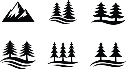Mountain and pine tree icons set, black silhouette design, nature landscape symbols, outdoor adventure vector, forest scenery illustration, minimalist logo elements, wilderness theme