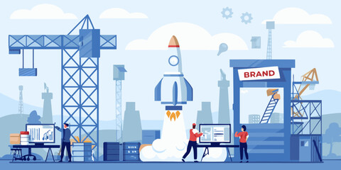 Business team launching a new brand with a rocket taking off from a construction site