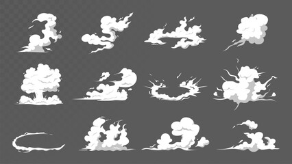 Set of white cartoon smoke and explosion effects on a dark background. Includes puffs, clouds, blasts, and dust elements in comic or game style.