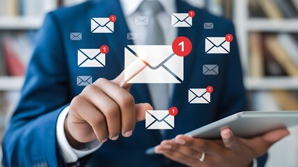 Business email communication in the digital age new messages and alerts. Inbox with email Marketing Strategy and Notifications. internet technology. businessman using smartphone with email.