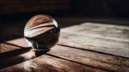 paperweight. Glass paperweight magnifying light reflections on wood, symbolizing abstract financial concepts in a minimalist setting. pitch deck slides.