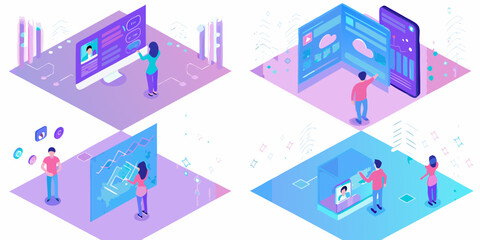 Diverse people interacting with futuristic holographic interfaces and digital data visualizations in a modern workspace