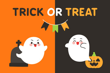 Cute Ghost with Pumpkin and Gravestone Trick or Treat