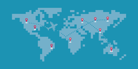Pixelated world map with airplane and dotted travel routes connecting various locations across continents