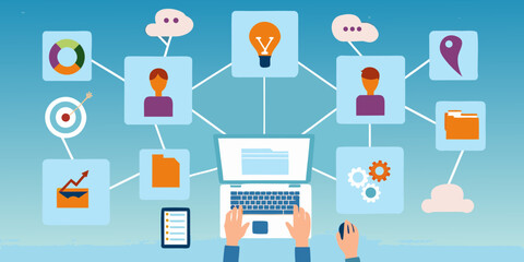 Digital network connecting various business concepts and data flow with a laptop at the center