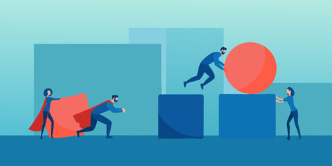 Team of superheroes working together to push a large red ball up a series of blue blocks